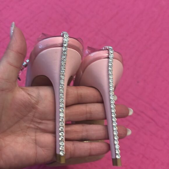 Stuart Weitzman Pink Clear Heels with Rhinestone Strap, US8,5 - Picture 9 of 12